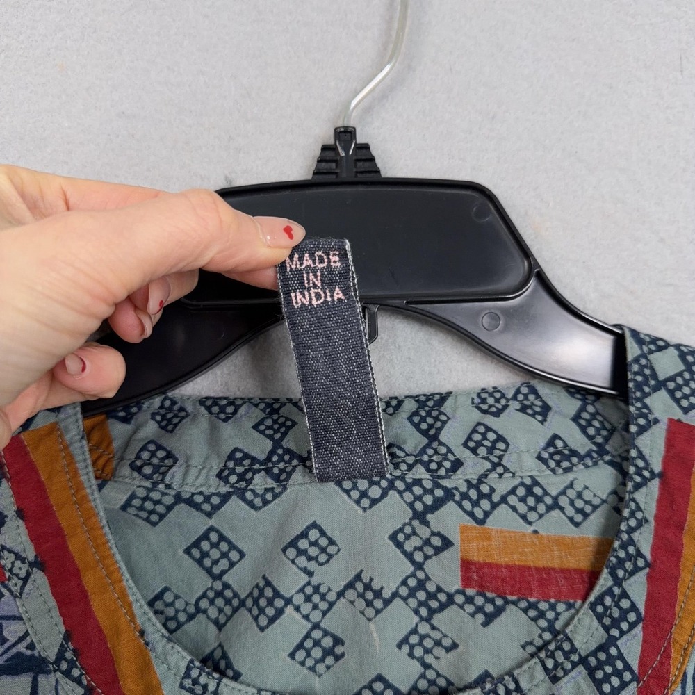 Gramicci Dress Womens Small Green Geometric Henley 3/4 Sleeve Boho Tribal Cotton - Picture 5 of 12